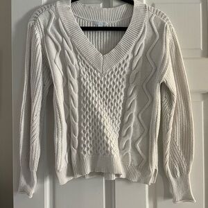 Off-White Chunky V-Neck Sweater with Cable Knit